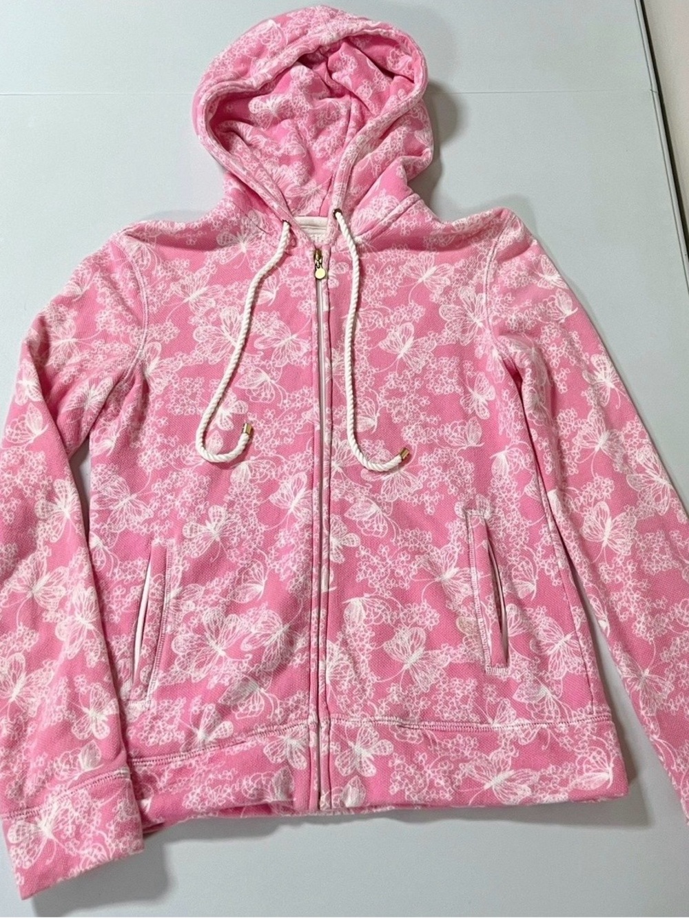 Lilly Pulitzer Pink Butterfly Butterflies Zipper Sweater Sweatshirt Hoodie XS 🎀✨